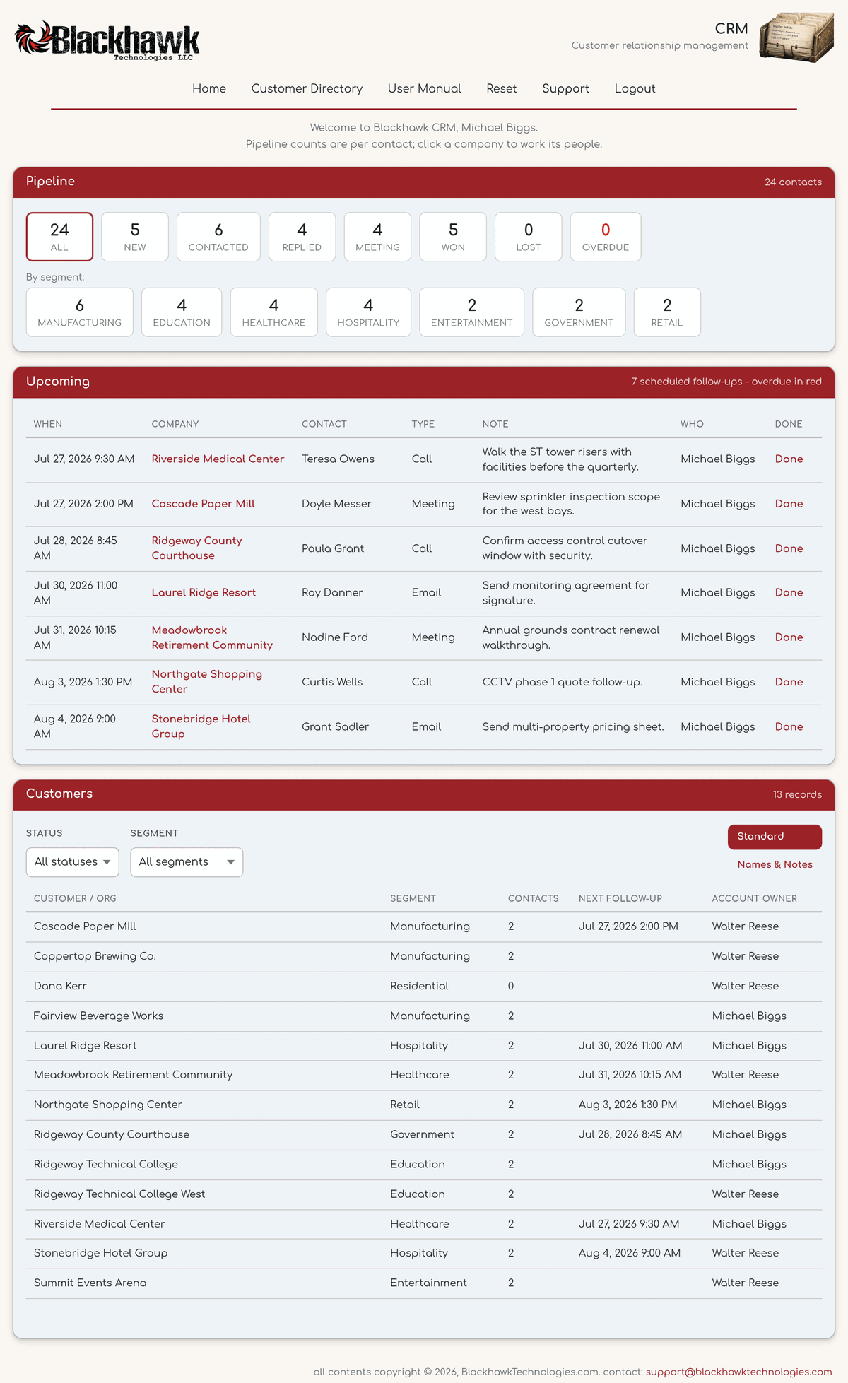 Contractor CRM pipeline with follow-up schedule and customer list