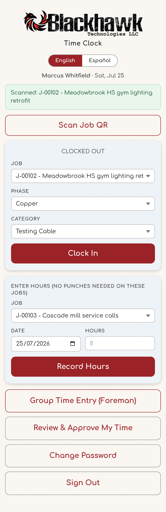 Employee time clock phone app showing job, phase and category selection before clock in