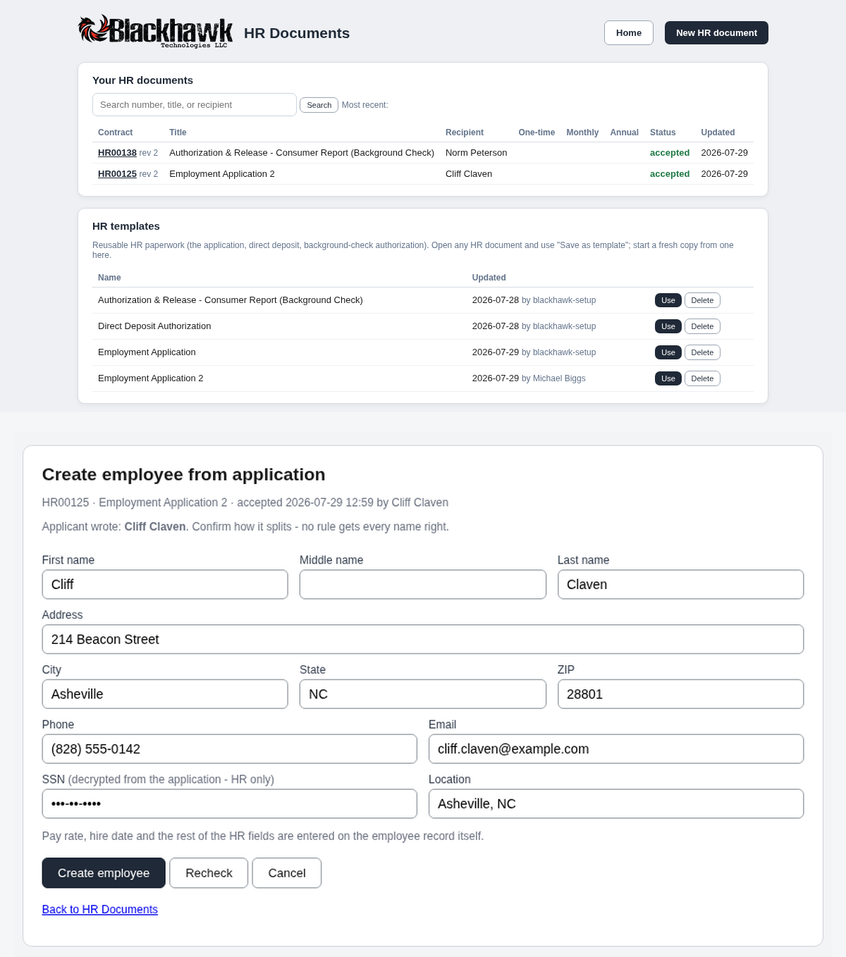 HR documents list and one-click create employee from an accepted application