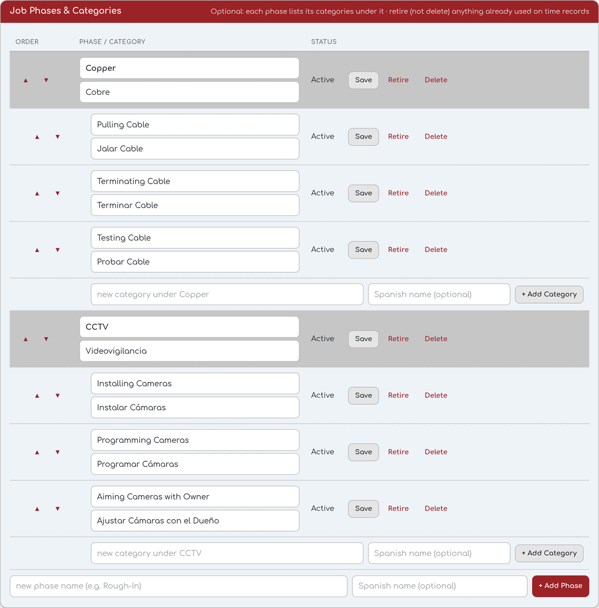 Job phases and categories with English and Spanish labels